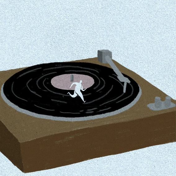 Person running on a spinning record